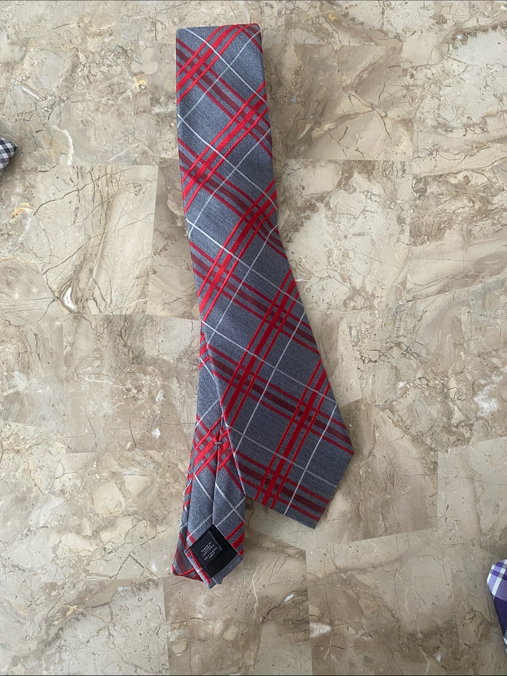Express Gray Tie with Red Plaid